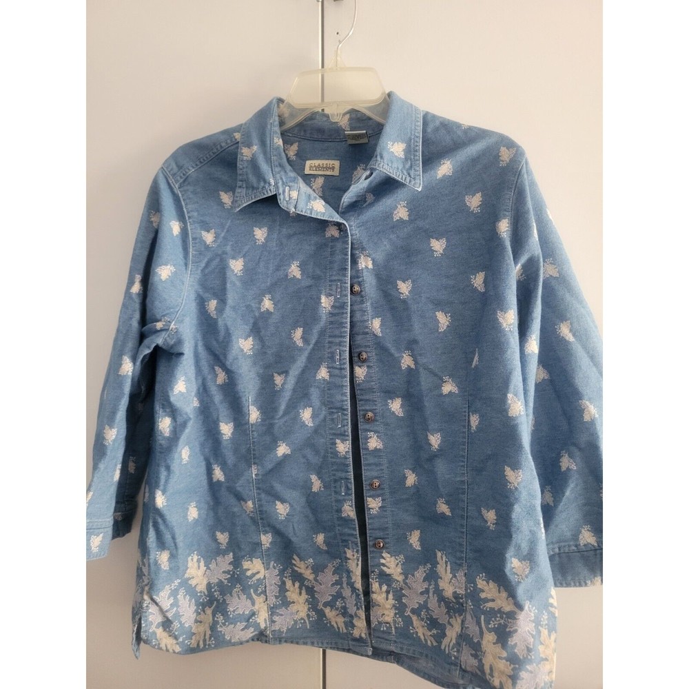 Classic Elements Women's Size L Button Down Denim Shirt3/4  Sleeve Leaf Pattern